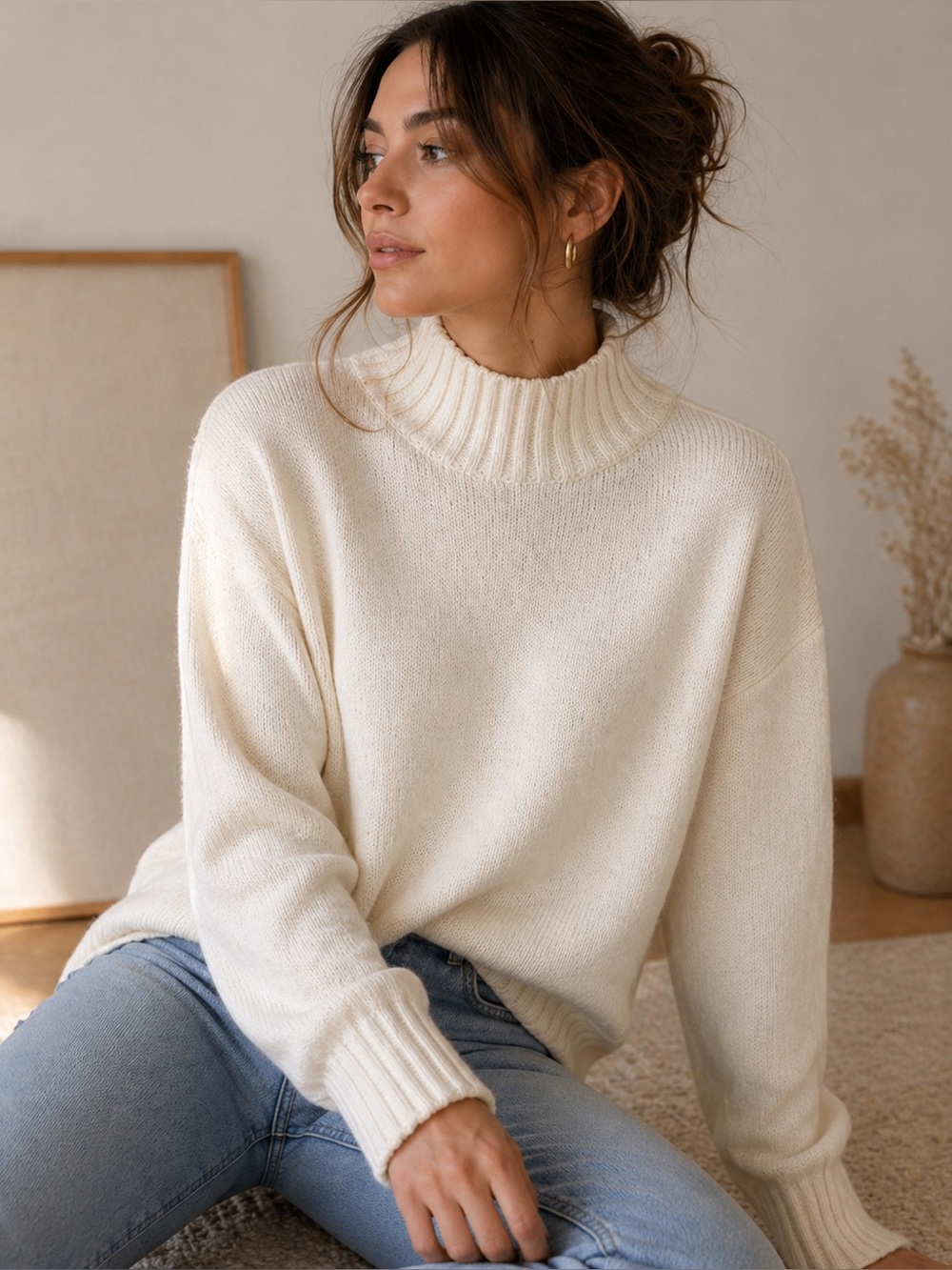 STO Cream Mock Neck Sweater Women’s Medium Knit Minimalist Cozy Neutral